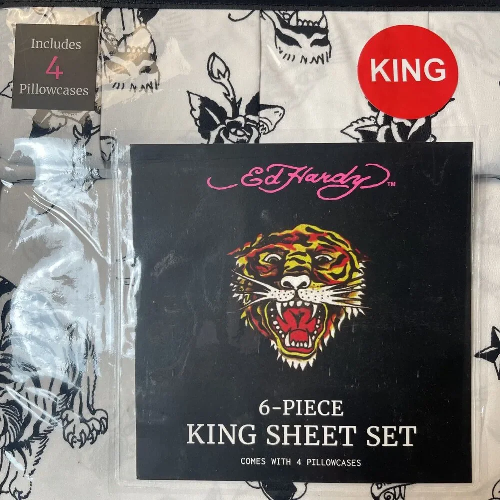 Ed Hardy 6-Piece KING Bedding Sheet Set White/Black Graphic Print Y2K Tiger Star